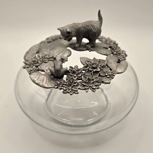 Vintage Crabtree & Evelyn Pewter Lid Potpourri Glass Jar Cat & Frog Floral 1993